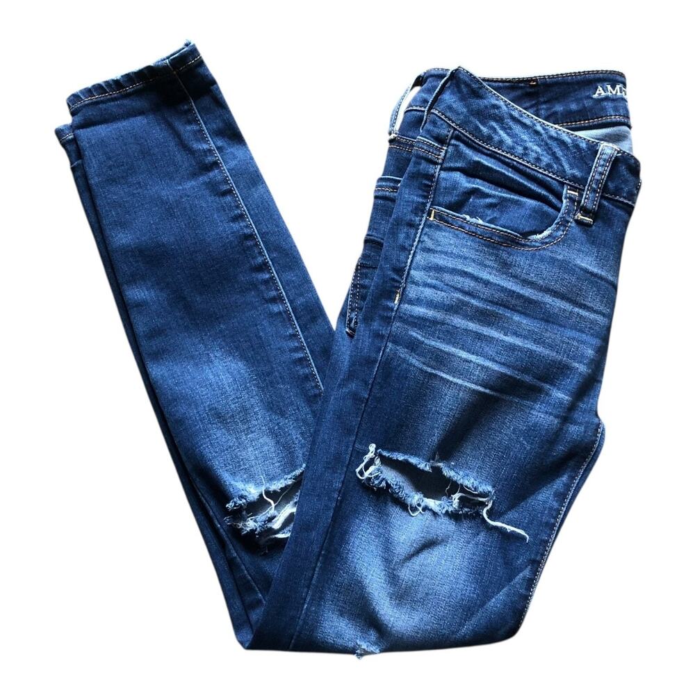 American Eagle Super Super Stretch Jeans 00 Short Distressed Skinny Blue Denim